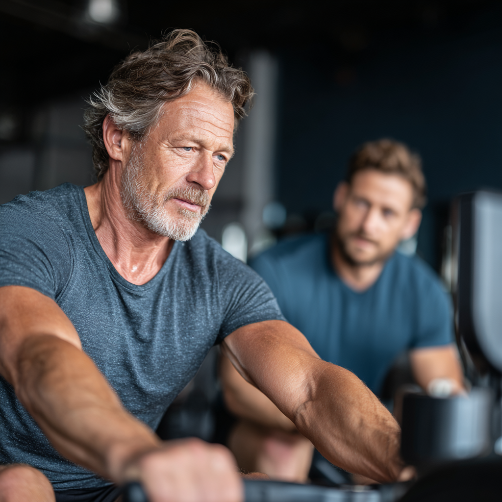 Active man in his fifties doing cardio workout on rowing machine with professional trainer guidance