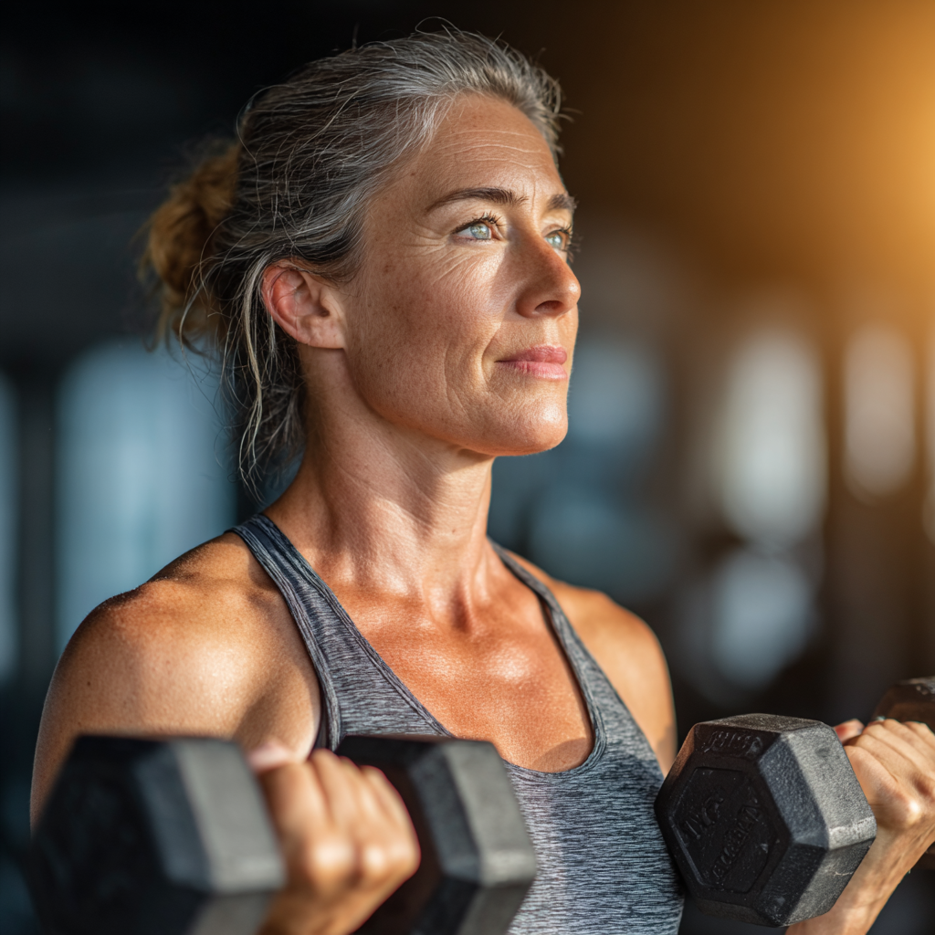 Fit woman in her late forties performing strength training exercises with dumbbells in modern gym environment